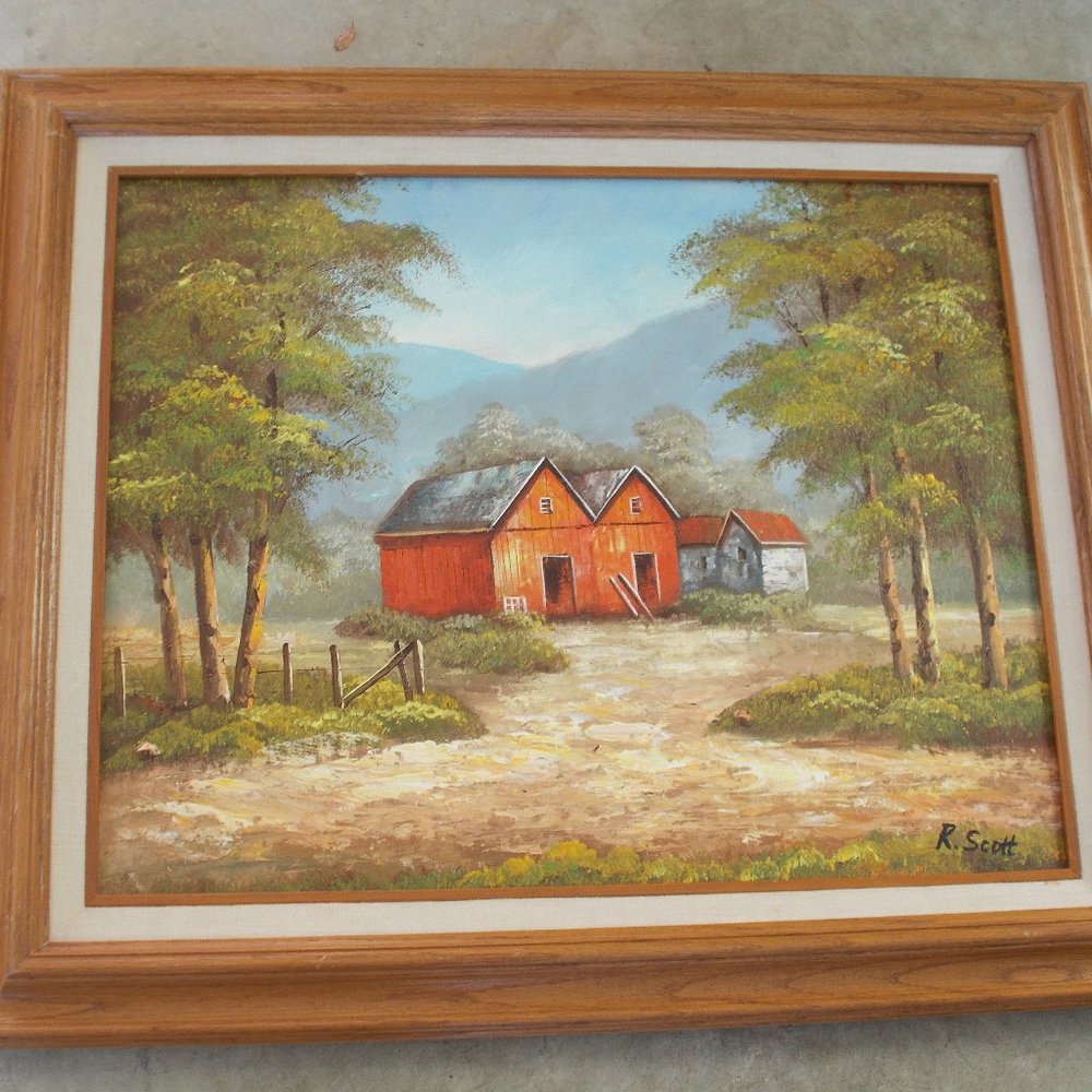 Vintage Rustic Barn Scene by R. Scott Signed & Framed Oil Painting